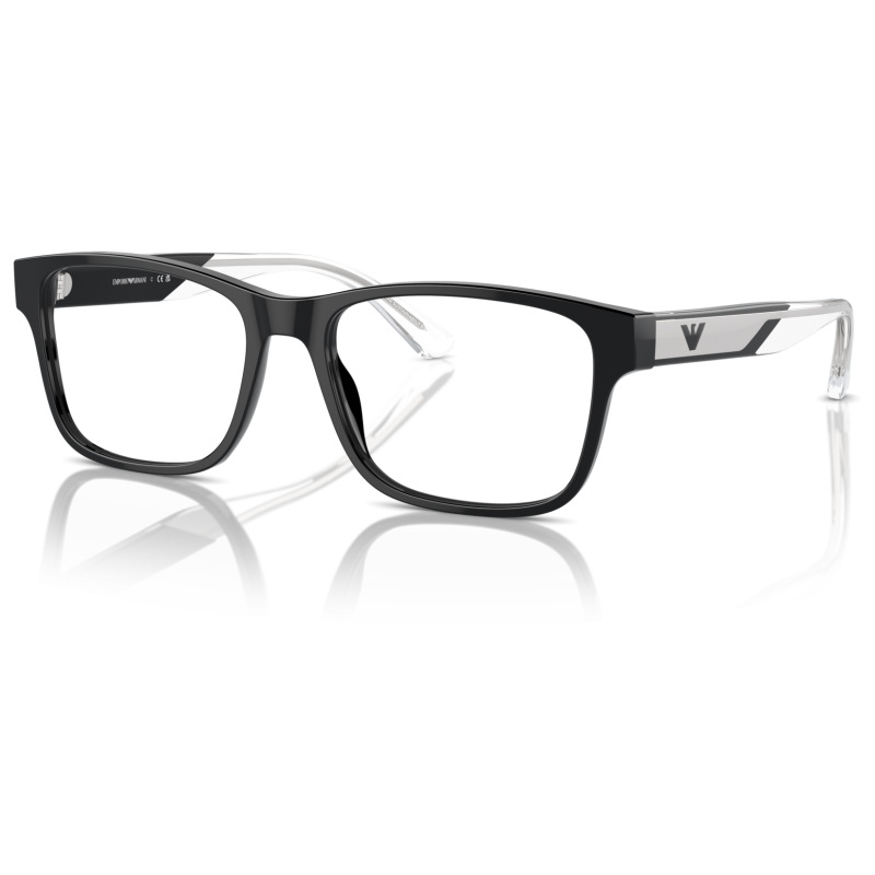Occhiali da vista Emporio Armani, montatura rettangolare in acetato nero con dettagli metallici grigi.