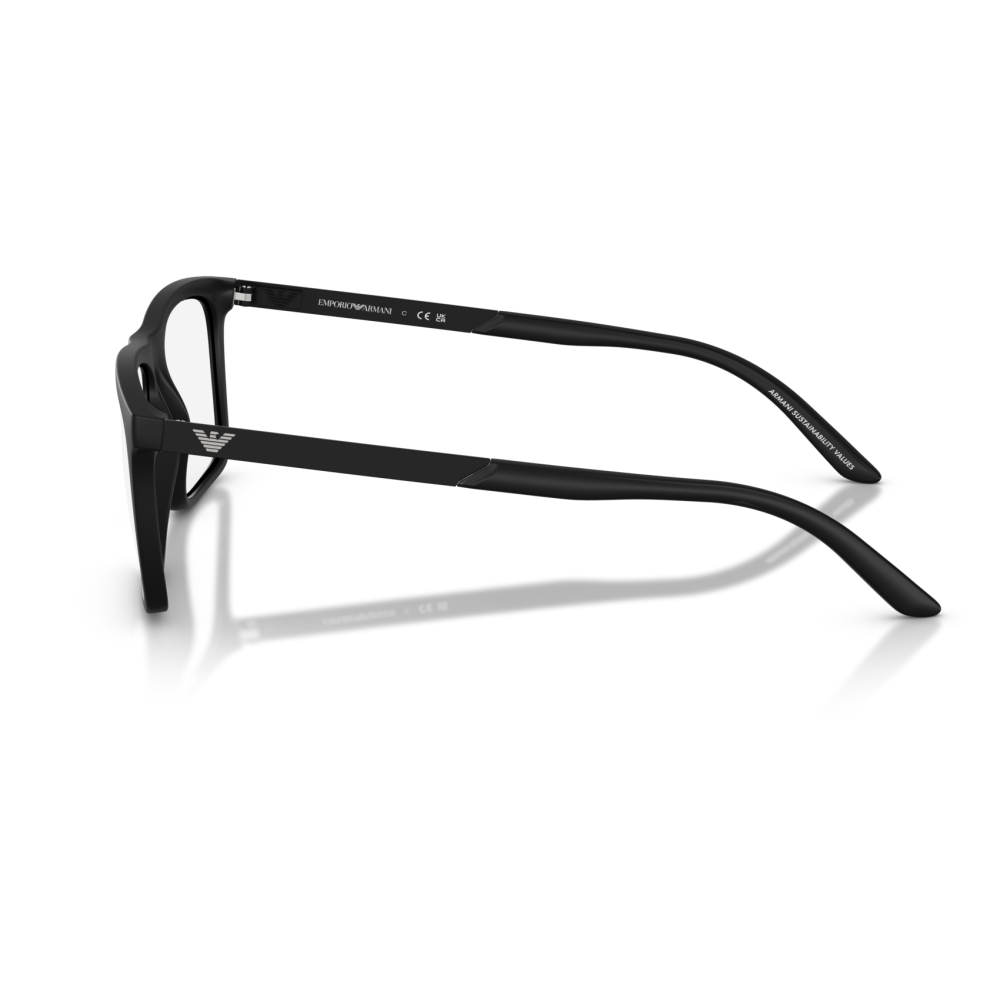 Occhiale Emporio Armani, montatura nera, forma rettangolare, logo visibile sulle aste.