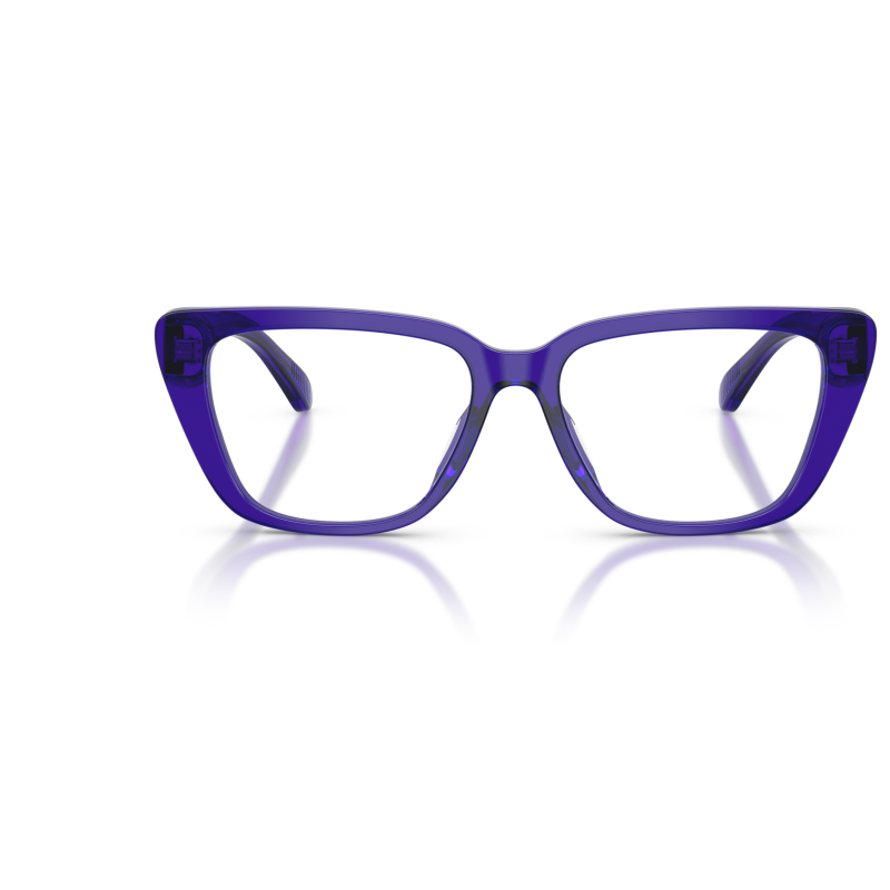 Occhiali da vista, montatura triangolare viola trasparente, moderno e audace, marchio sconosciuto.