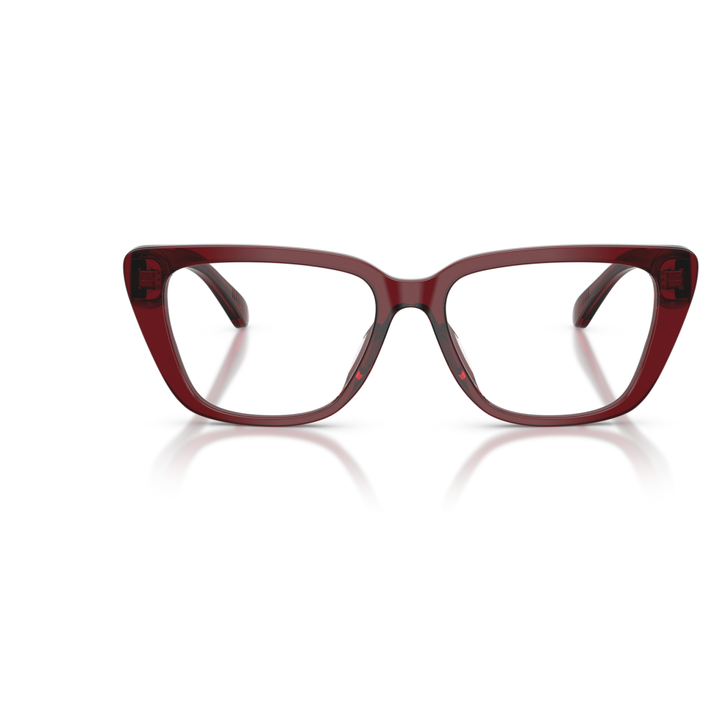 Occhiali cat-eye, montatura spessa rosso scuro, con lenti trasparenti. Marchio sconosciuto.