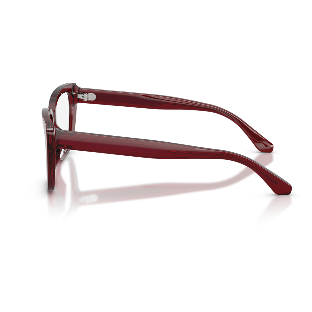 Occhiali da vista, montatura rettangolare, colore rosso trasparente, marchio Emporio Armani.