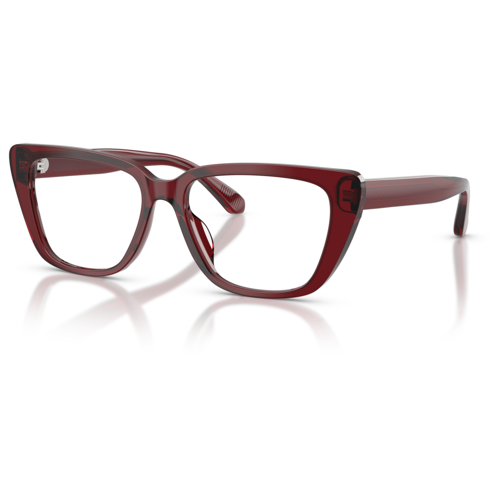 Occhiali da vista con montatura ampia cat-eye in acetato rosso scuro. Marchio non identificabile.
