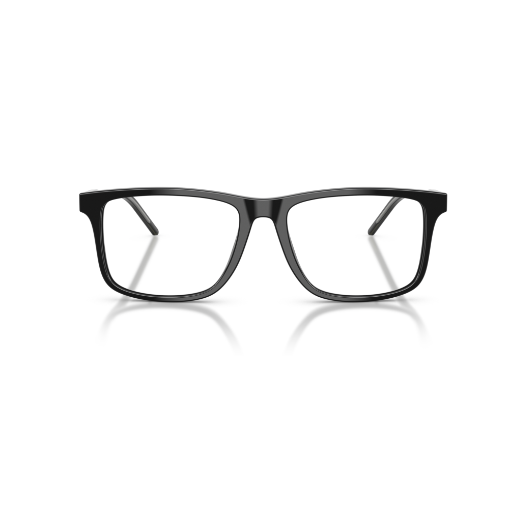 Occhiali rettangolari neri con montatura spessa. Marca non identificabile. Design moderno ed elegante.