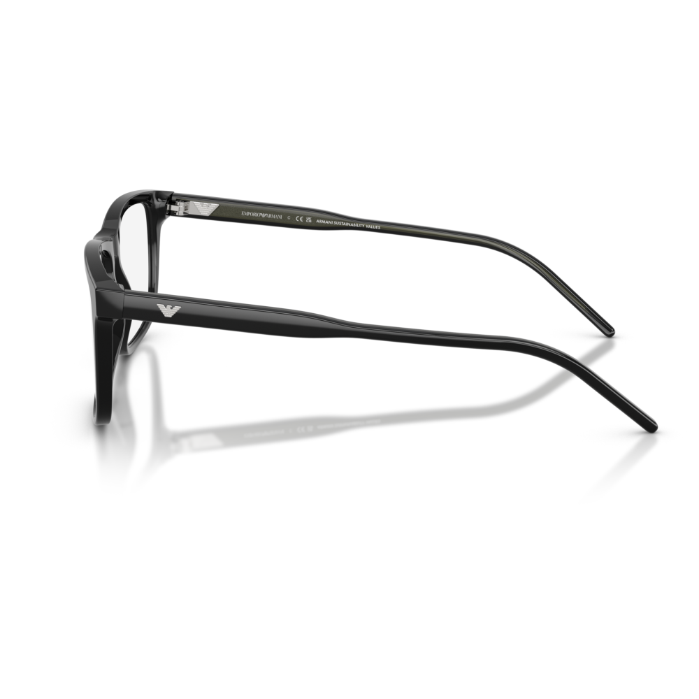 Occhiali Emporio Armani, montatura rettangolare nera, logo sulle aste. Design elegante e moderno.