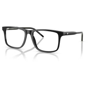Occhiali Emporio Armani, montatura rettangolare in acetato nero con dettagli iconici sul lato delle aste.