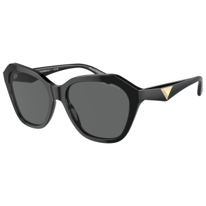 Occhiali da sole Emporio Armani, montatura nera spessa con lenti scure, dettaglio dorato sulle aste.