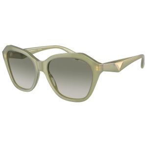 Occhiali da sole Emporio Armani, montatura verde oliva, forma rettangolare, eleganti dettagli dorati laterali.