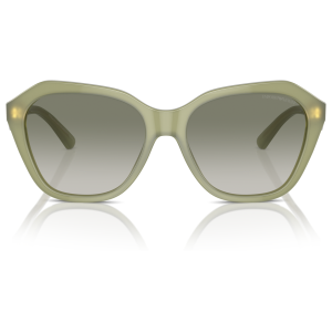 Occhiali Emporio Armani, forma squadrata, montatura verde oliva, lente sfumata.
