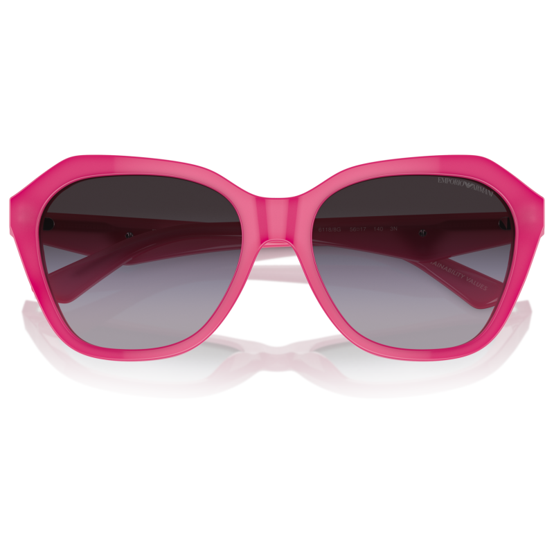 Occhiali da sole rosa, montatura squadrata Emporio Armani, lenti scure.