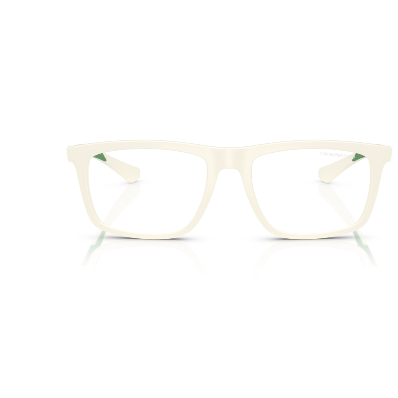 Occhiale Emporio Armani, montatura rettangolare avorio con dettagli verdi, stile moderno ed elegante.