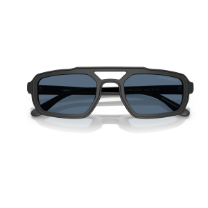 Montatura occhiali Emporio Armani nera, forma rettangolare, lenti blu scuro, design moderno e sostenibile.