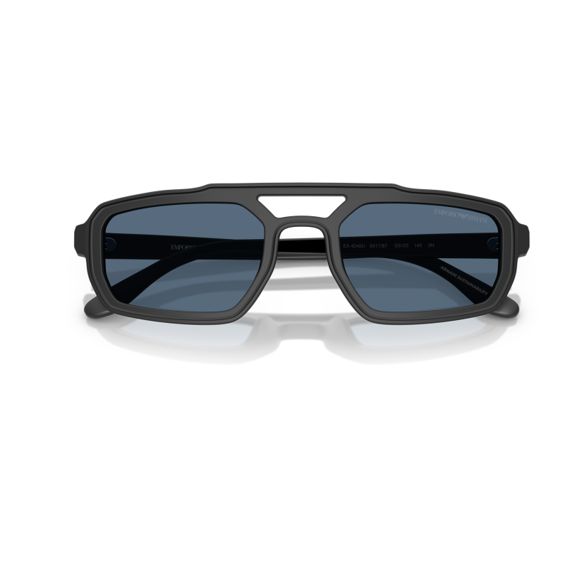 Montatura occhiali Emporio Armani nera, forma rettangolare, lenti blu scuro, design moderno e sostenibile.