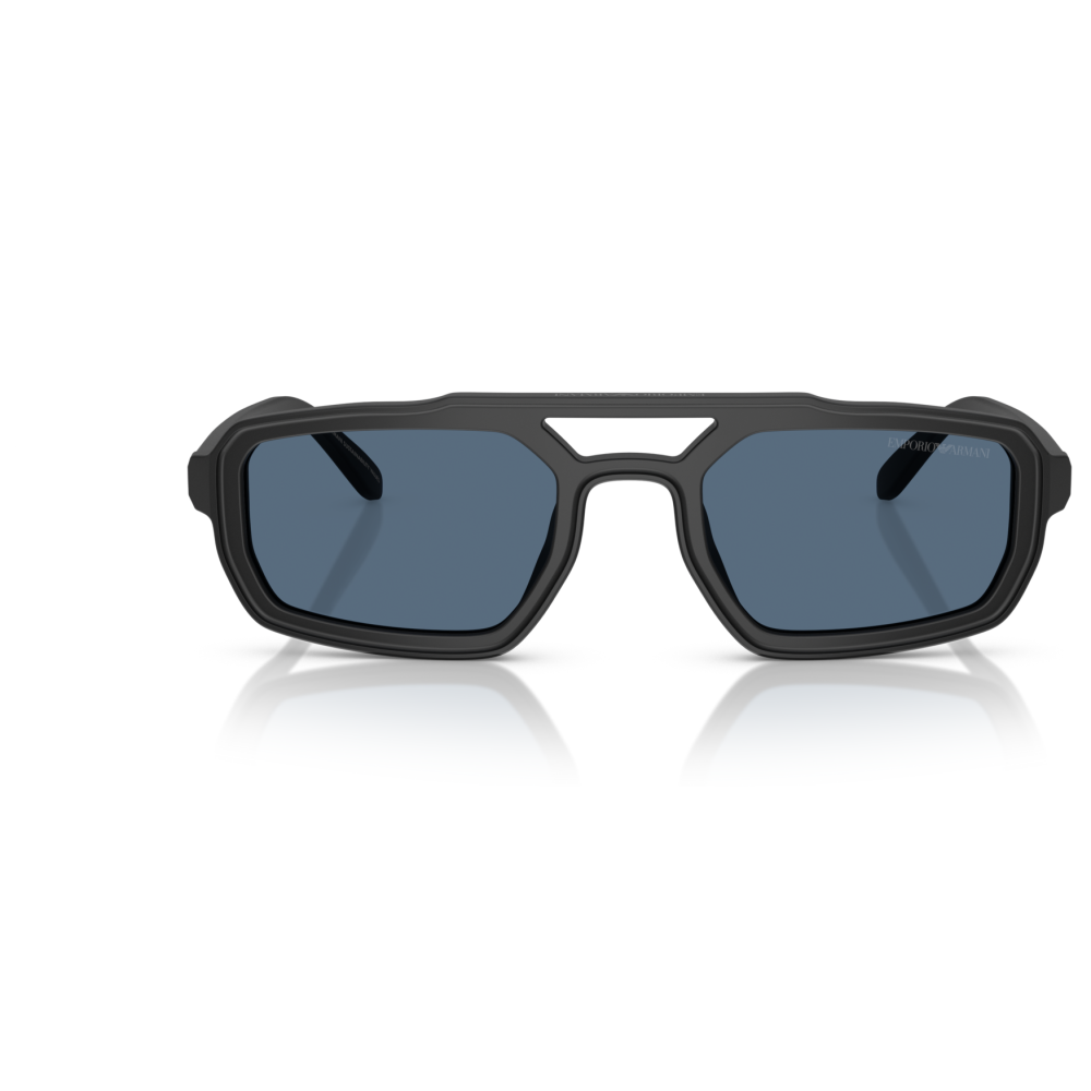 Occhiale Emporio Armani, montatura rettangolare nera con lenti blu. Design moderno e robusto.