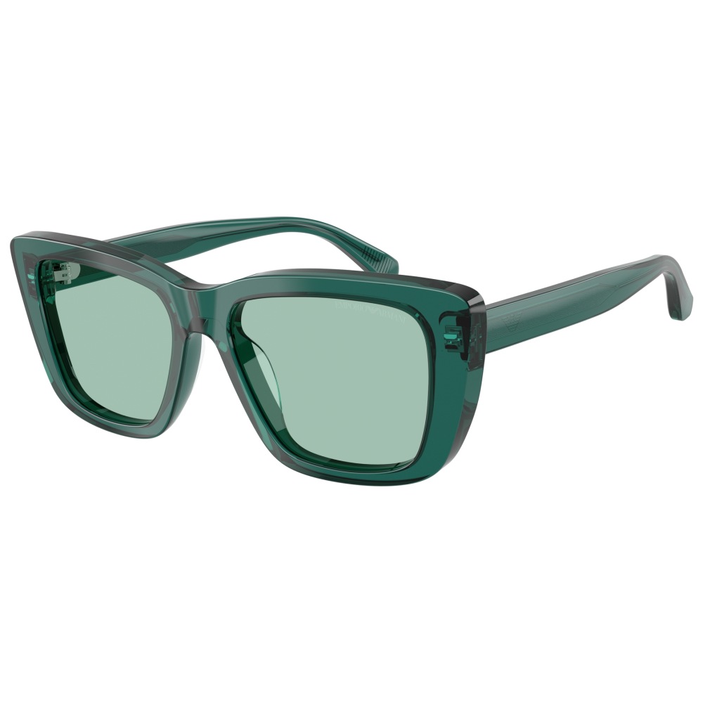 Occhiali Emporio Armani, forma squadrata, montatura verde trasparente.