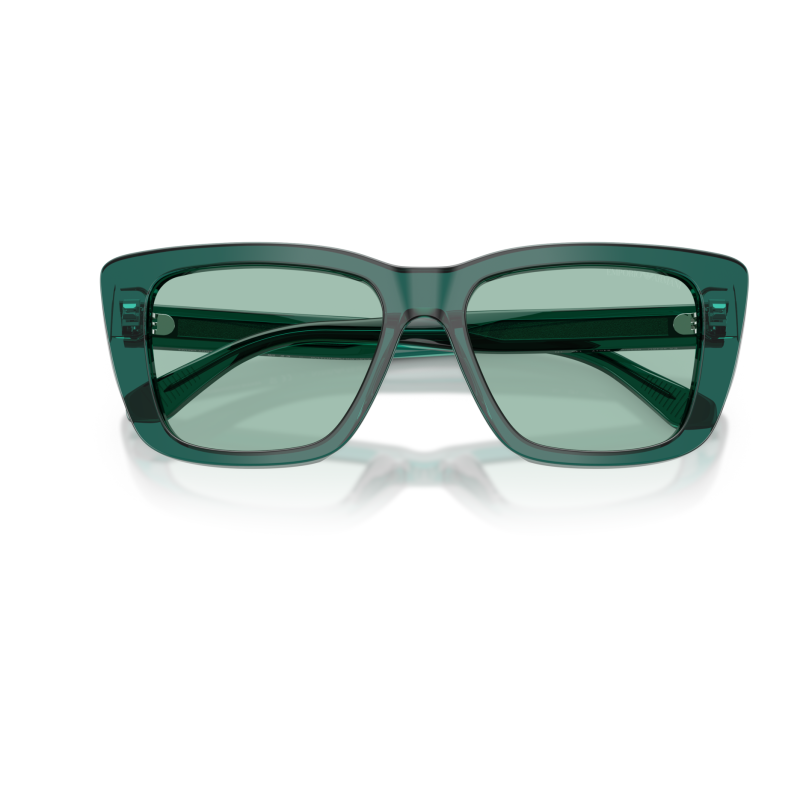 Occhiali rettangolari verde scuro, Emporio Armani, montatura spessa trasparente moderna ed elegante.