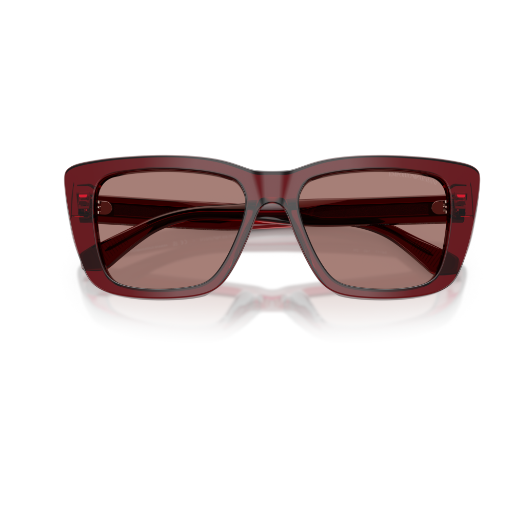 Occhiali da sole, marca Emporio Armani, forma rettangolare, montatura rosso trasparente.