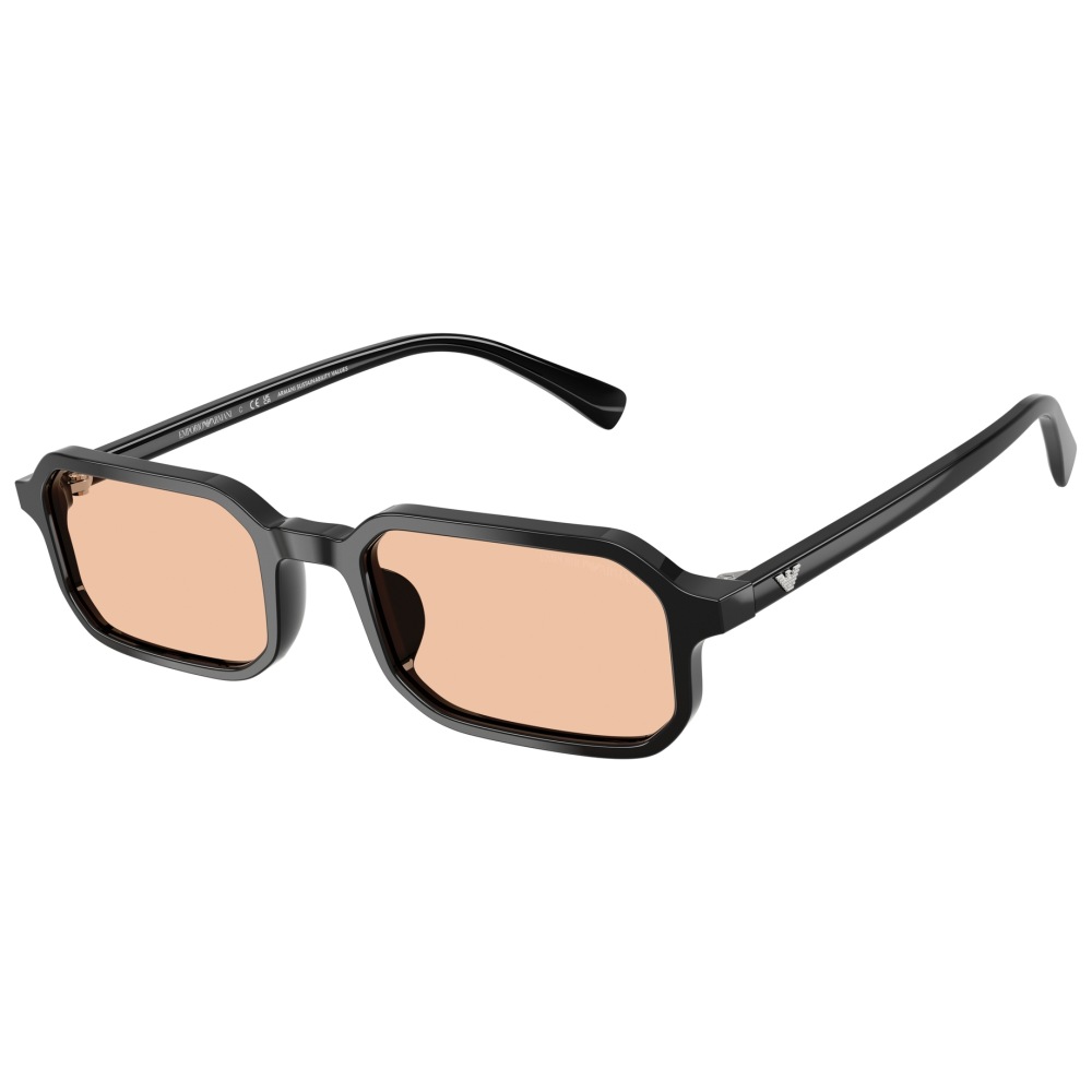 Occhiali Emporio Armani, montatura rettangolare nera, lenti colorate. Design moderno ed elegante.
