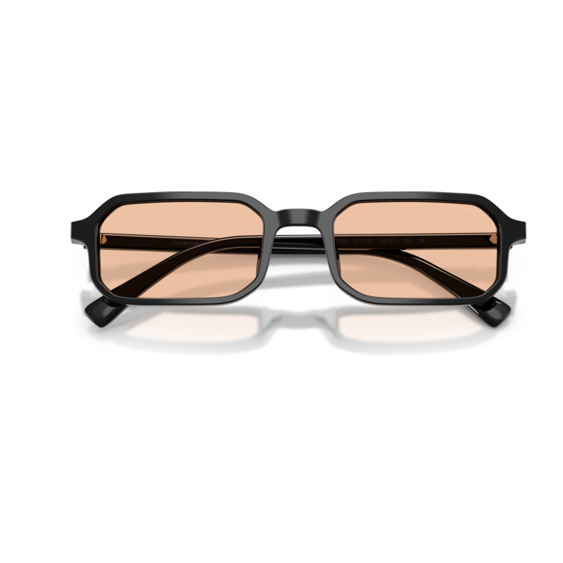 Occhiali Emporio Armani, montatura rettangolare in acetato nero con lenti colorate, stile moderno.