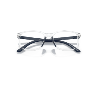 Occhiali Emporio Armani, montatura rotonda trasparente e nera.