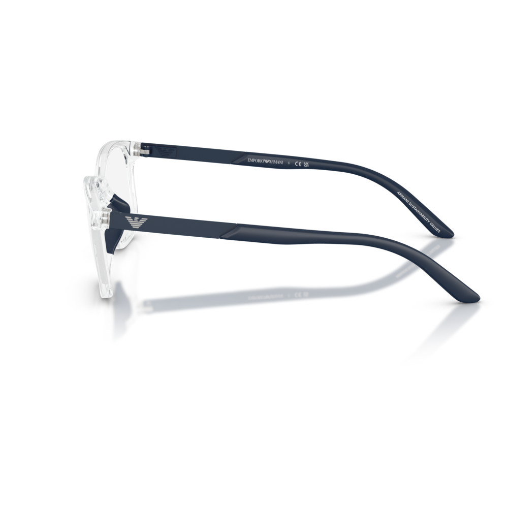 Occhiali Emporio Armani, montatura trasparente con aste blu scuro, logo visibile, design elegante.