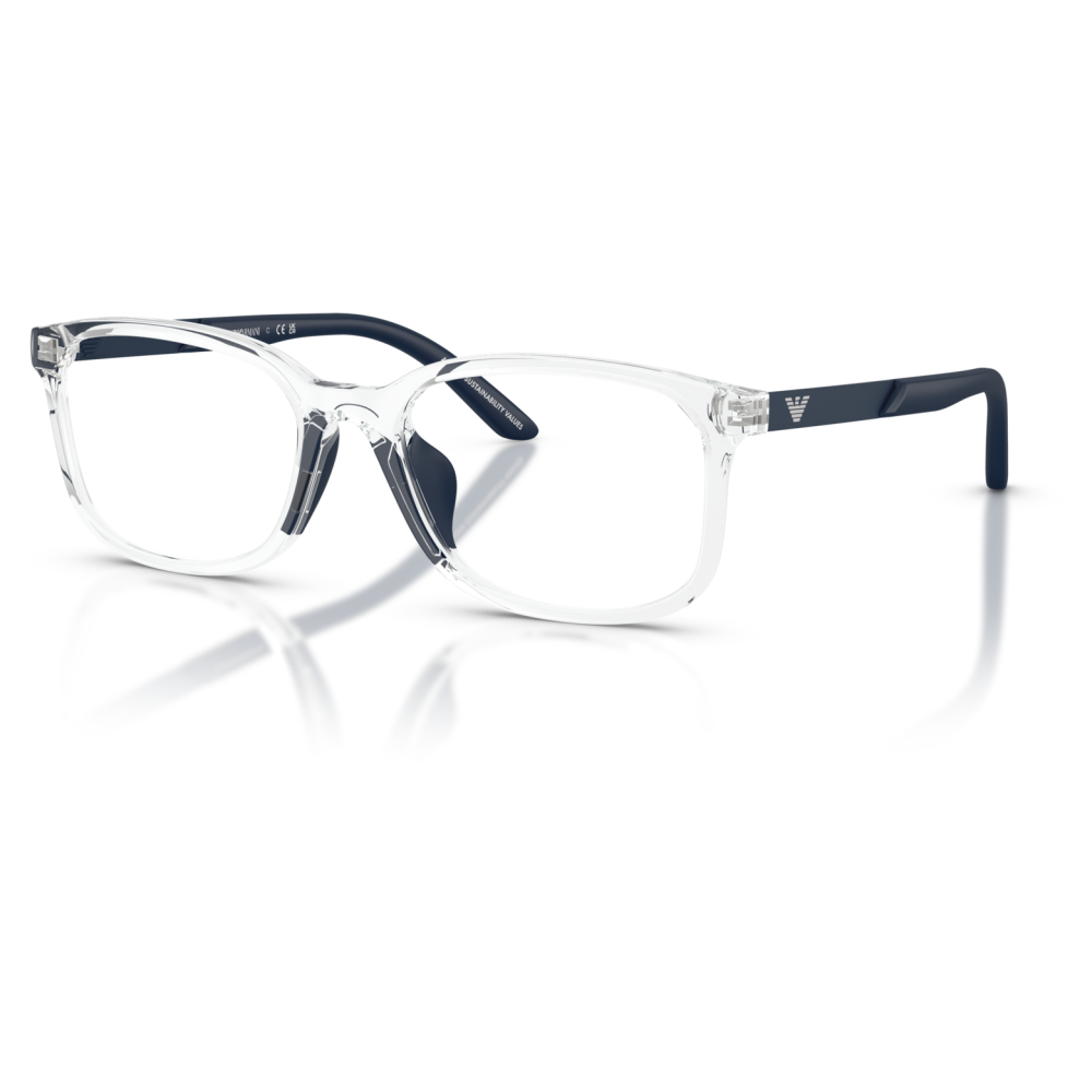 Occhiali Emporio Armani, montatura rettangolare trasparente, aste blu con logo.