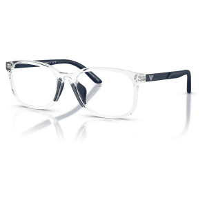 Occhiali Emporio Armani, montatura rettangolare trasparente, aste blu con logo.