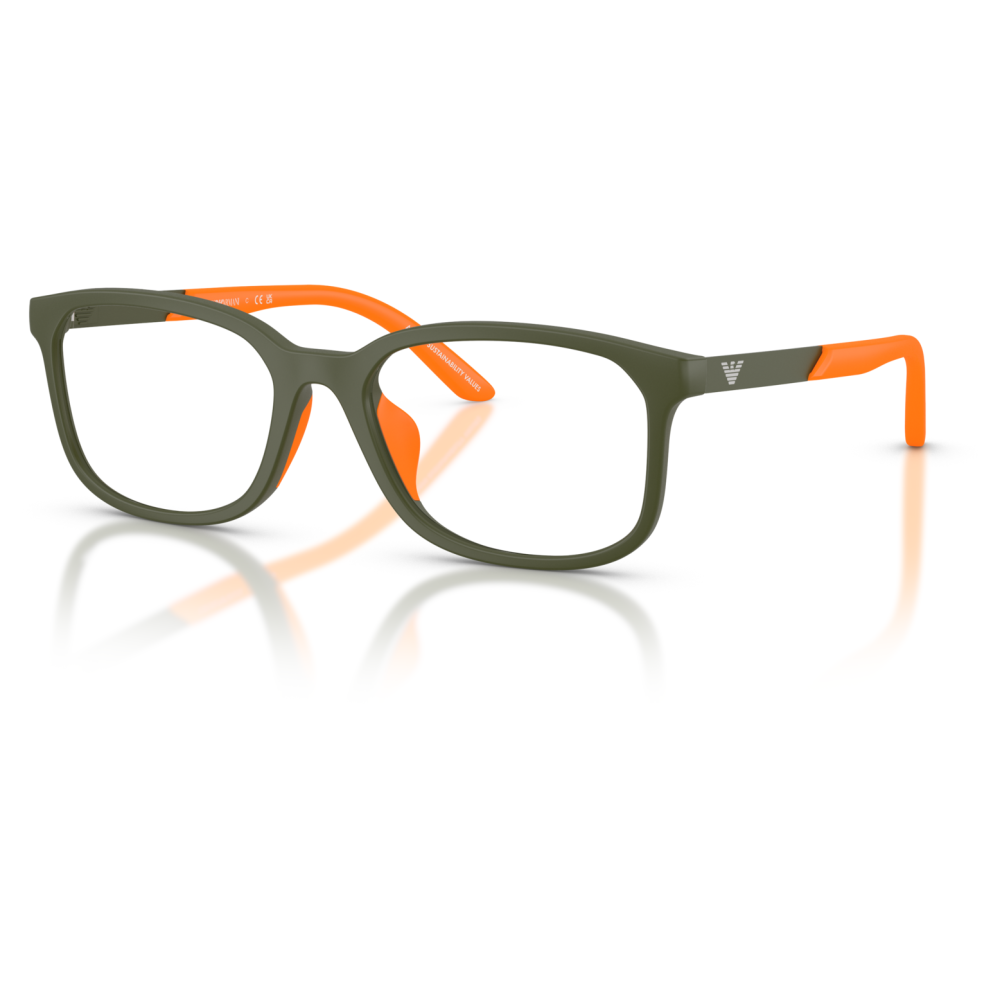 EMPORIO ARMANI KIDS 3008U 6189 Occhiali da vista Montatura occhiali Emporio Armani, rettangolare, verde oliva con aste arancioni.