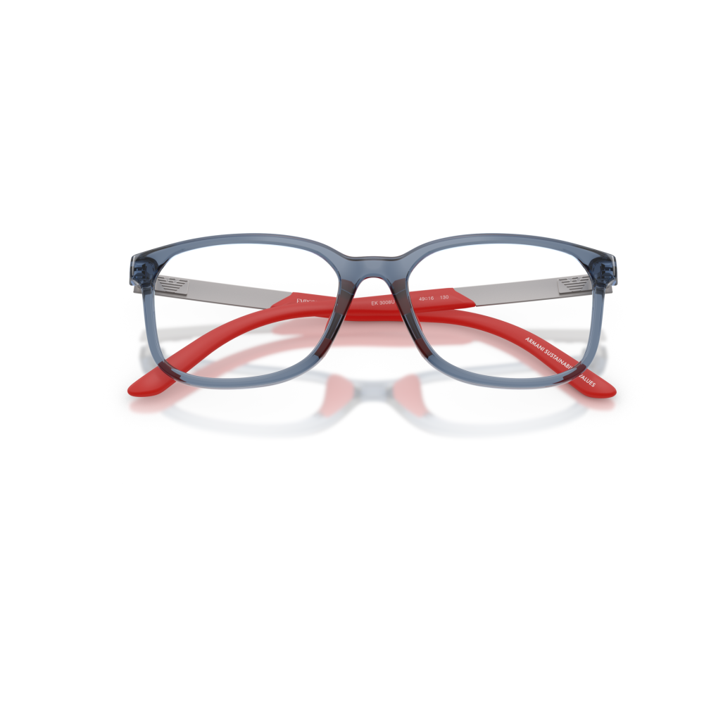 Occhiali Armani, montatura blu trasparente e stanghette rosse, forma rettangolare e moderna.