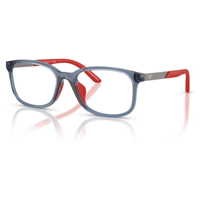 Occhiale Emporio Armani, montatura rettangolare grigia con aste rosse. Stile moderno e vivace.