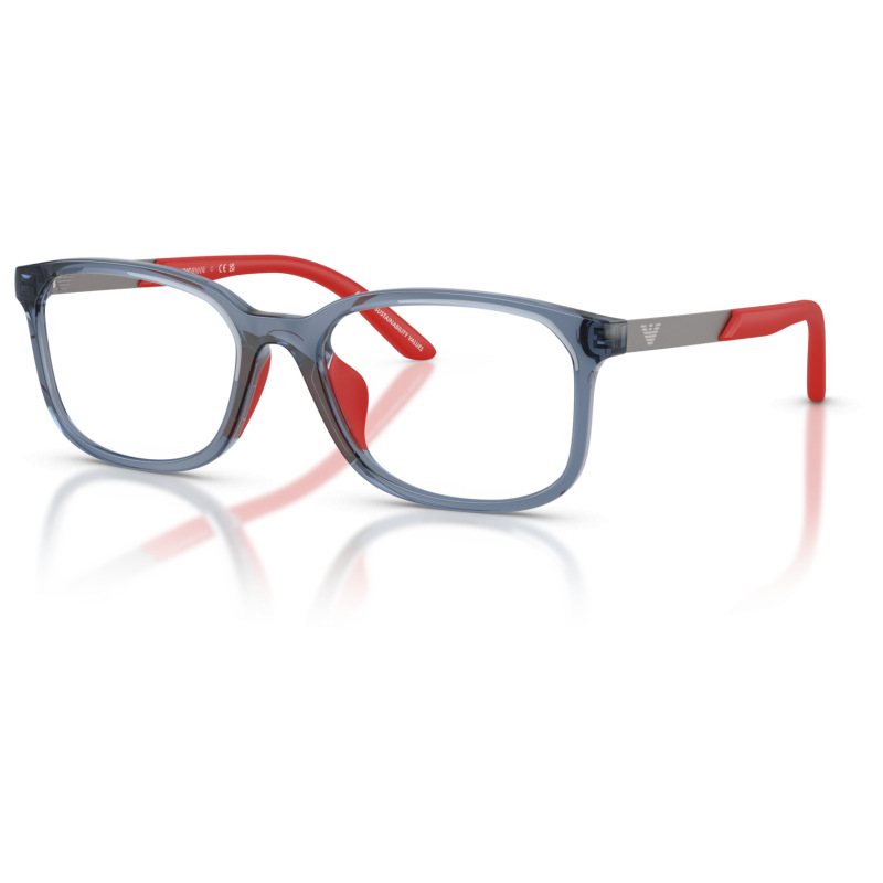 Occhiale Emporio Armani, montatura rettangolare grigia con aste rosse. Stile moderno e vivace.