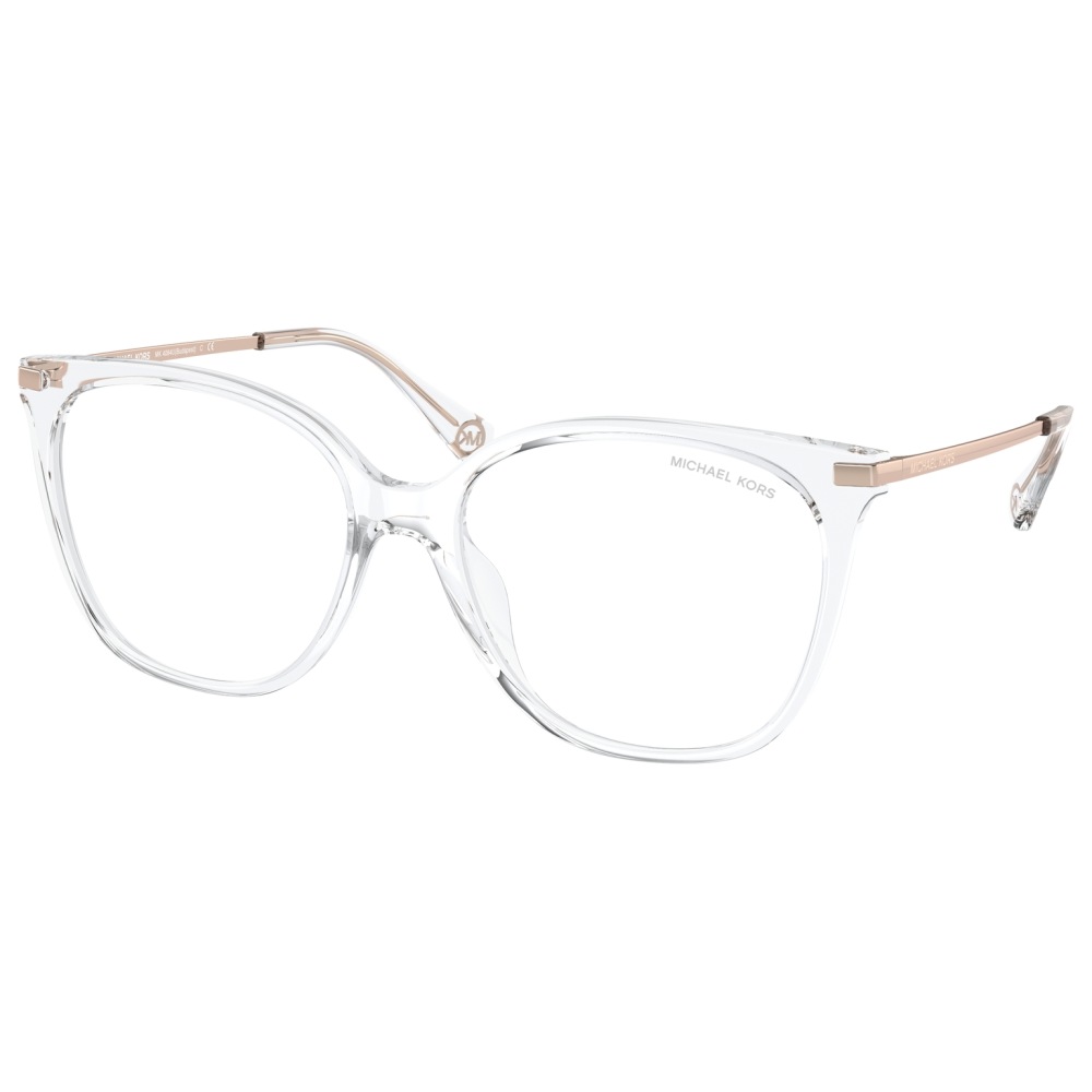 Occhiali Michael Kors, montatura trasparente, forma squadrata, aste dorate.
