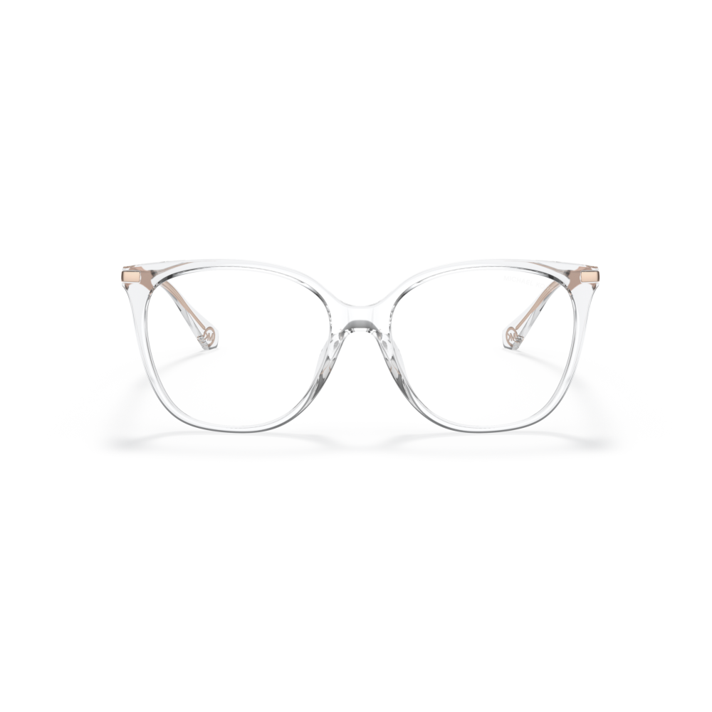 Occhiali Michael Kors, montatura rettangolare trasparente con dettagli dorati sulle aste.