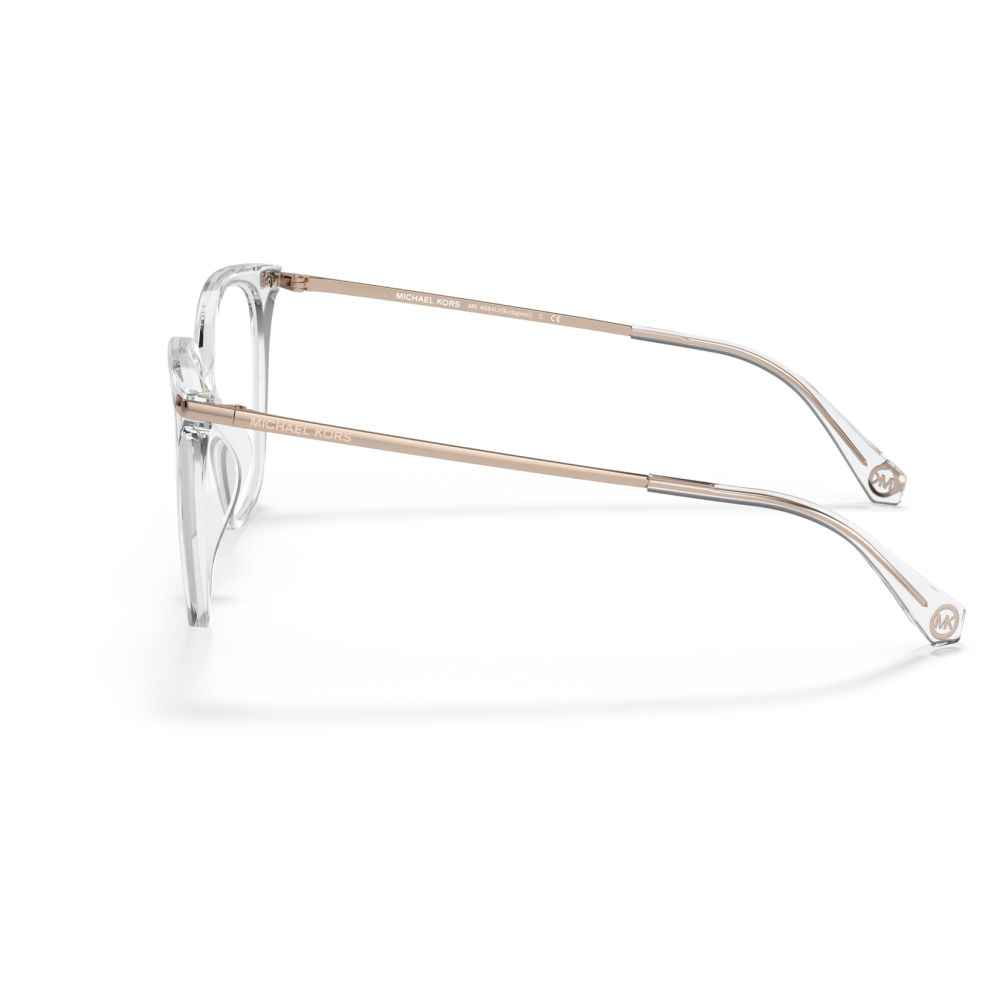 Occhiali Michael Kors, montatura trasparente rettangolare, aste dorate eleganti, stile moderno.