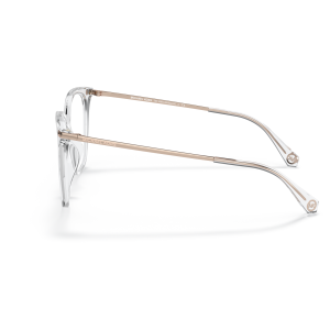 Occhiali Michael Kors, montatura trasparente rettangolare, aste dorate eleganti, stile moderno.