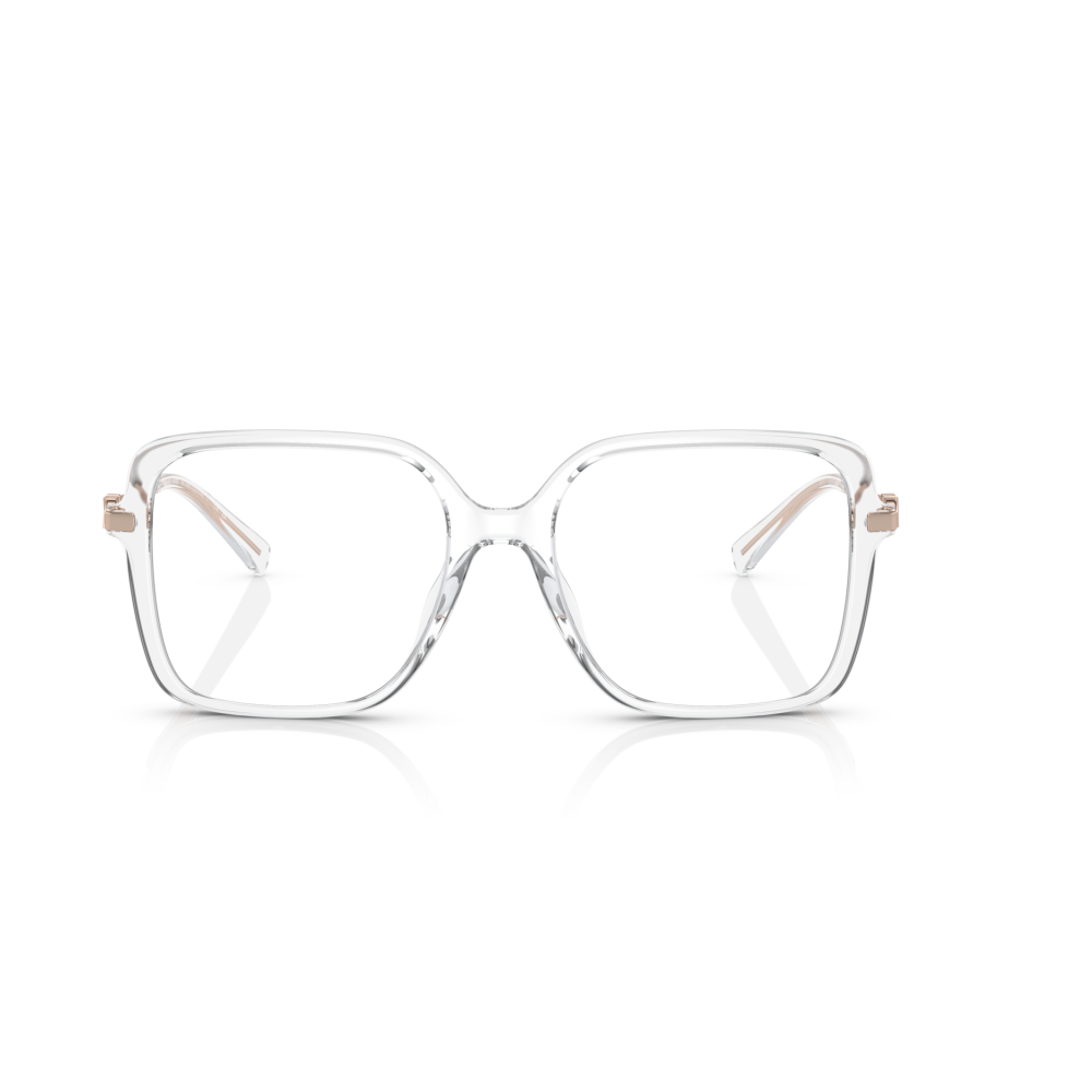 Occhiali da vista con montatura rettangolare trasparente, dettagli argentati, stile moderno ed elegante.