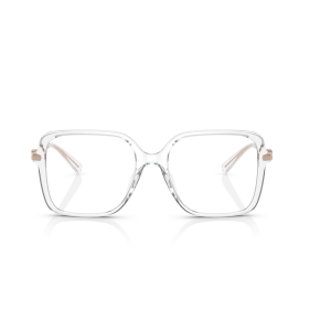 Occhiali da vista con montatura rettangolare trasparente, dettagli argentati, stile moderno ed elegante.