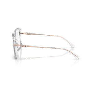 Montatura occhiali Michael Kors, forma rettangolare, metallo sottile oro, dettagli logo MK sulle aste.