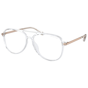 Occhiali Michael Kors, montatura trasparente con dettagli in metallo dorato, forma aviator elegante.