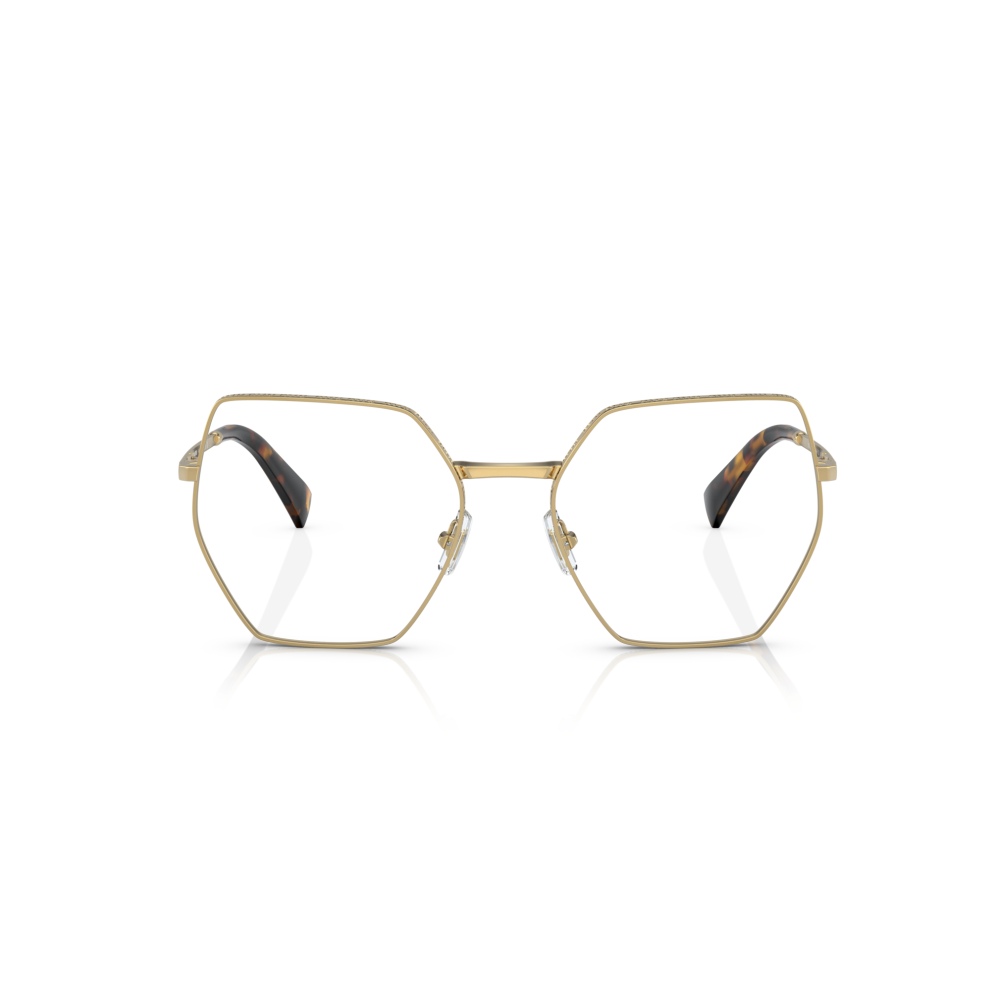 Montatura occhiali geometrica, metallo dorato, aste tartarugate. Stile moderno ed elegante.