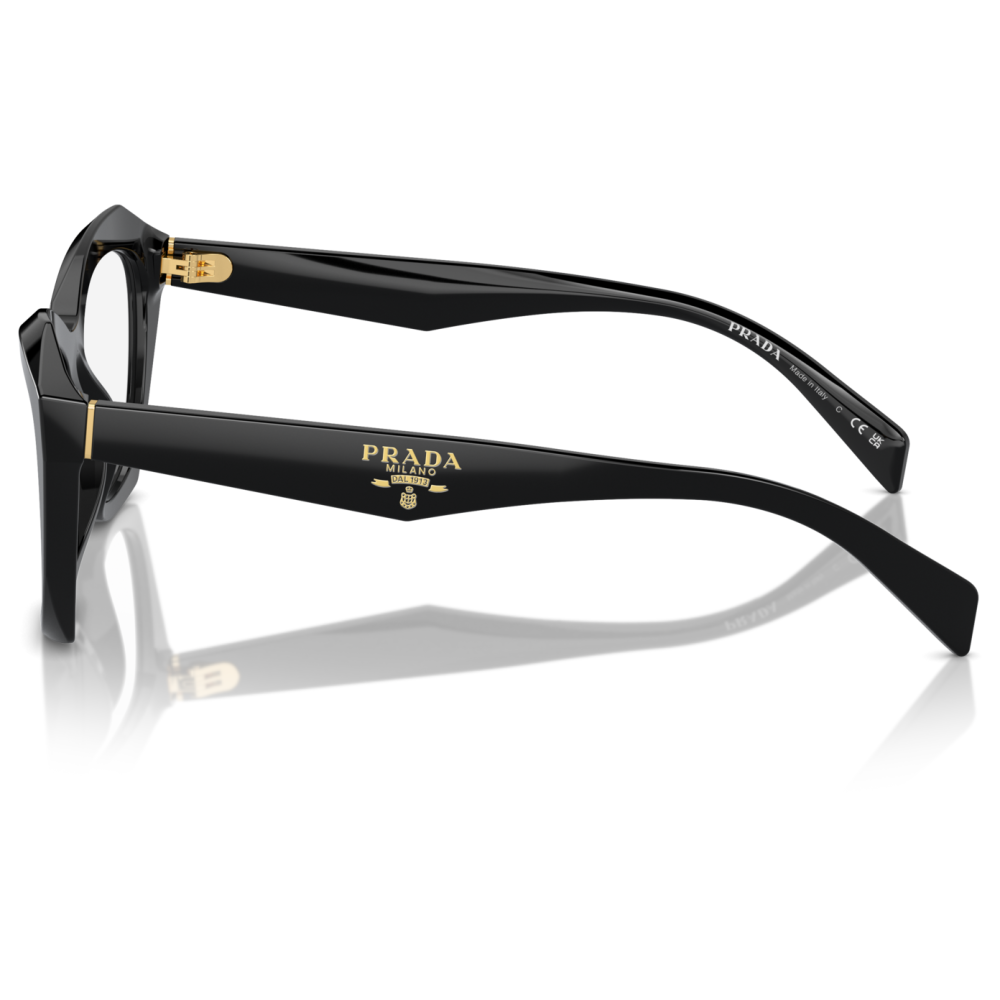 Montatura a farfalla nera, marchio Prada. Design elegante con dettagli dorati sulle aste.