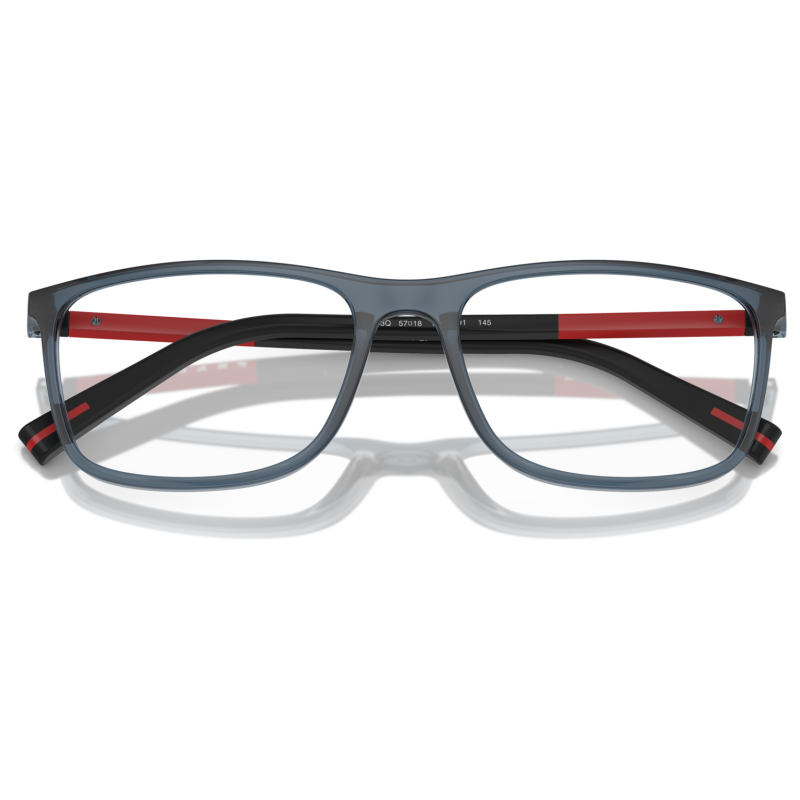 Occhiali da vista rettangolari con montatura grigia e accenti rossi all'interno delle aste.