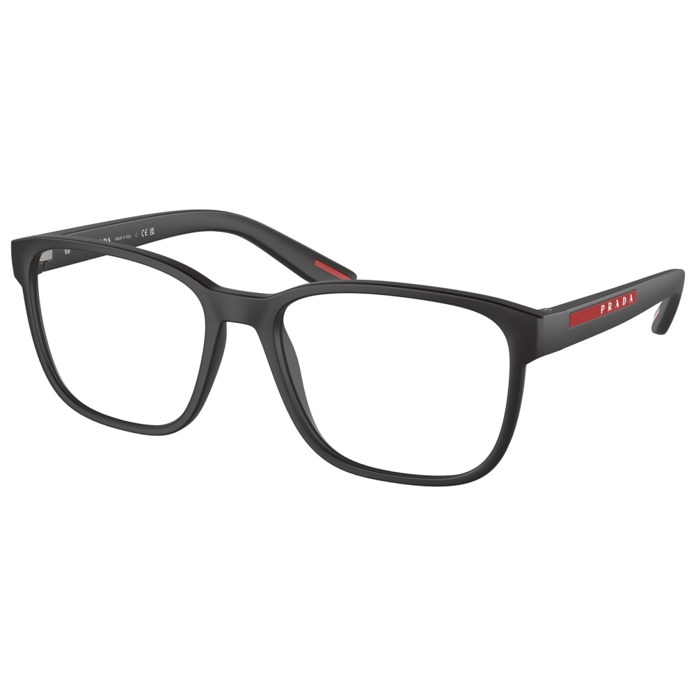 Occhiali Prada, montatura rettangolare nera con dettaglio rosso sulle aste, design elegante e moderno.