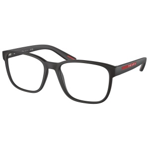 Occhiali Prada, montatura rettangolare nera con dettaglio rosso sulle aste, design elegante e moderno.