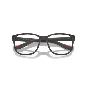 Occhiali Prada, montatura rettangolare, colore nero opaco con dettagli rossi, eleganza moderna.