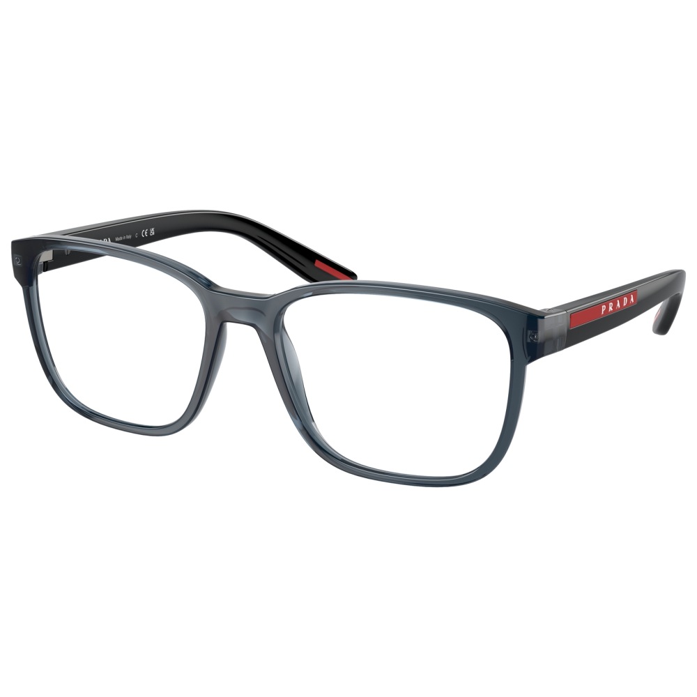 Occhiali Prada, montatura rettangolare grigio scuro, con dettagli rossi sulle aste.