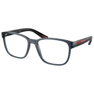 Prada Linea Rossa 06PV CZH1O1 Occhiali da vista Occhiali Prada, montatura rettangolare grigio scuro, con dettagli rossi sulle aste.