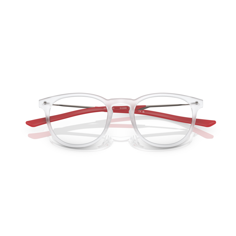 Occhiali SmartBuy, forma rotonda, montatura trasparente, aste rosse opache.