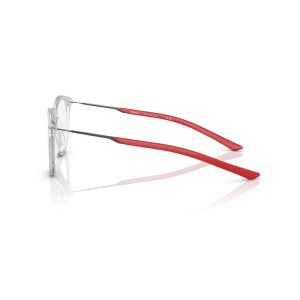 Occhiali Starck, montatura trasparente, stanghette rosse. Design elegante e moderno.