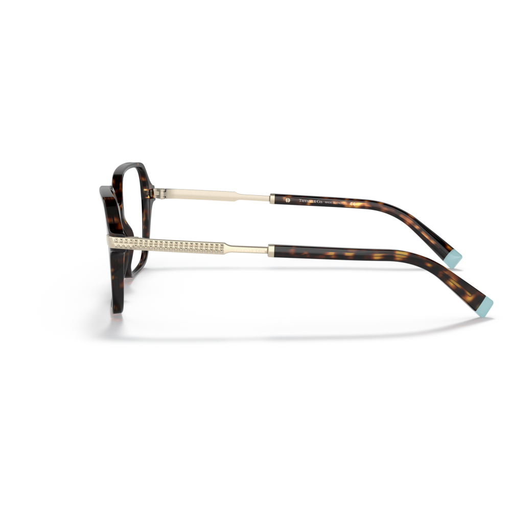 Montatura occhiali Tiffany & Co., forma squadrata, colore tartarugato con dettagli dorati e azzurri.