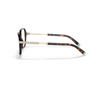 Montatura occhiali Tiffany & Co., forma squadrata, colore tartarugato con dettagli dorati e azzurri.